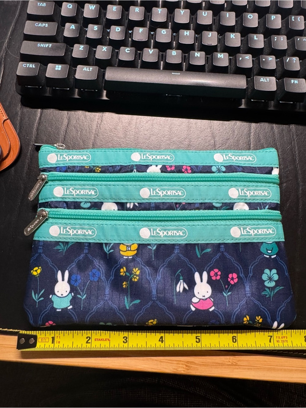 LeSportsac Navy Floral Miffy Triple Zip Pouch with Teal Trim